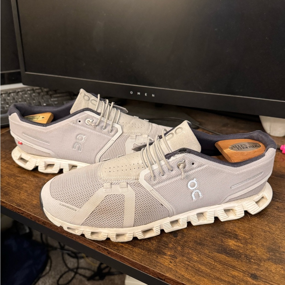 On Running Gray and White Athletic Shoes